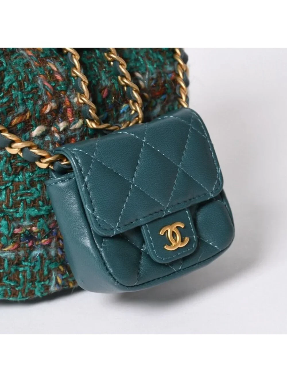 Chanel Small Backpack Base CC Logo Tweed Lambskin Green Gold